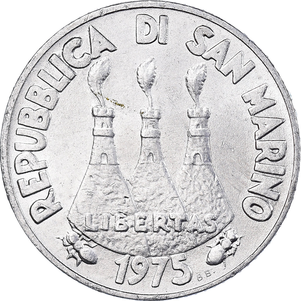 Moneda, San Marino, 2 Lire, 1975, MBC+, Aluminio, KM:41