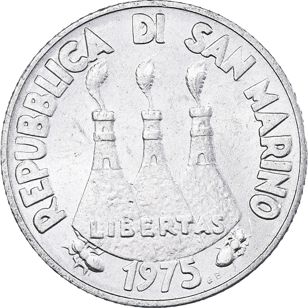 Moneda, San Marino, 2 Lire, 1975, MBC, Aluminio, KM:41