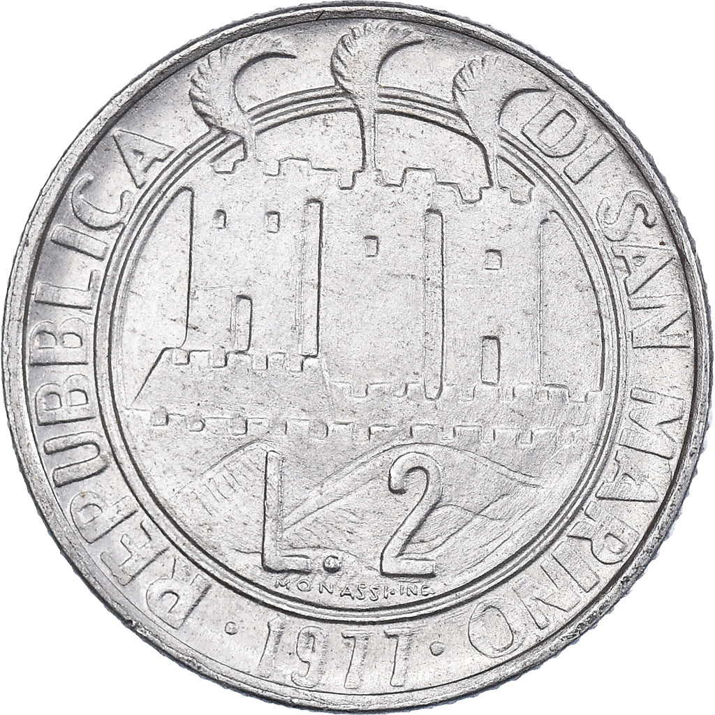 Münze, San Marino, 2 Lire, 1977, Rome, FDC, SS, Aluminium, KM:64