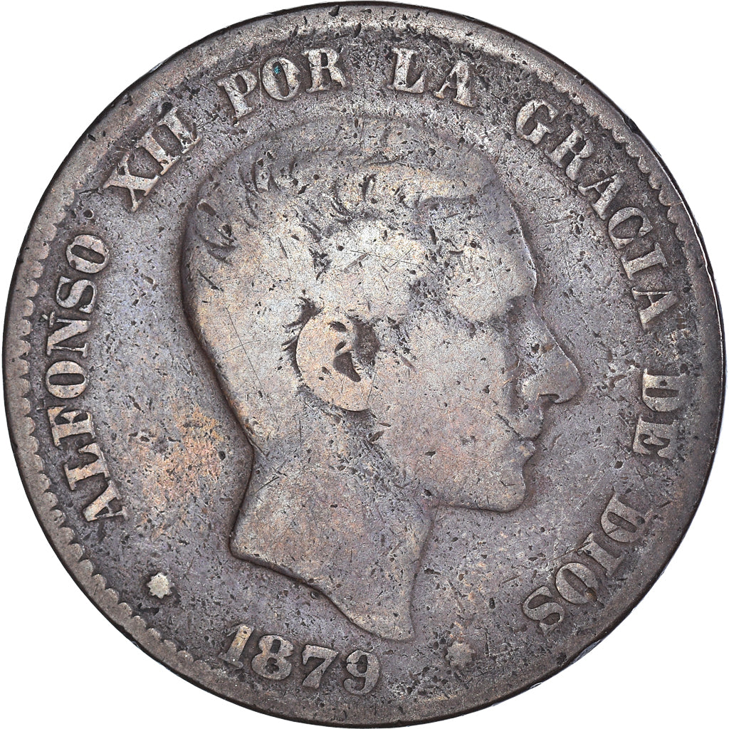 Monnaie, Espagne, Alfonso XII, 10 Centimos, 1879, Barcelona, TB, Bronze, KM:675