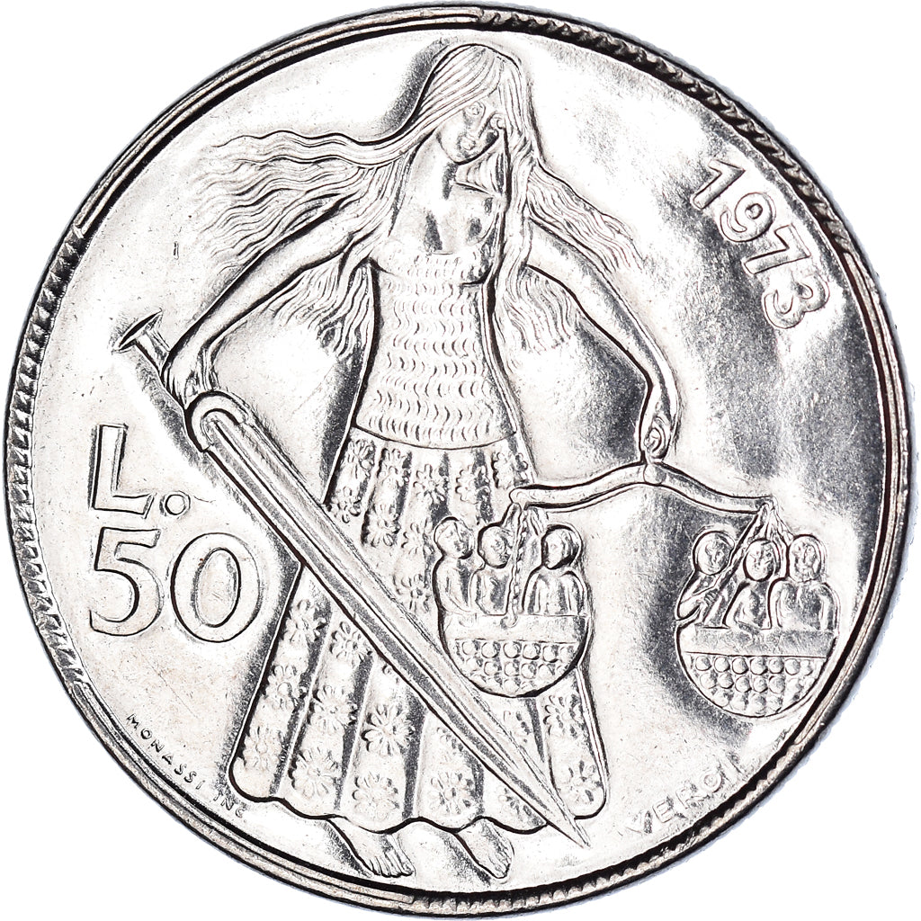 Coin, San Marino, 50 Lire, 1973, Rome, MS(63), Steel, KM:27