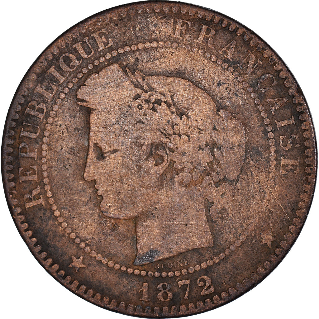 Monnaie, France, Cérès, 10 Centimes, 1872, Bordeaux, TB, Bronze, Gadoury:265a
