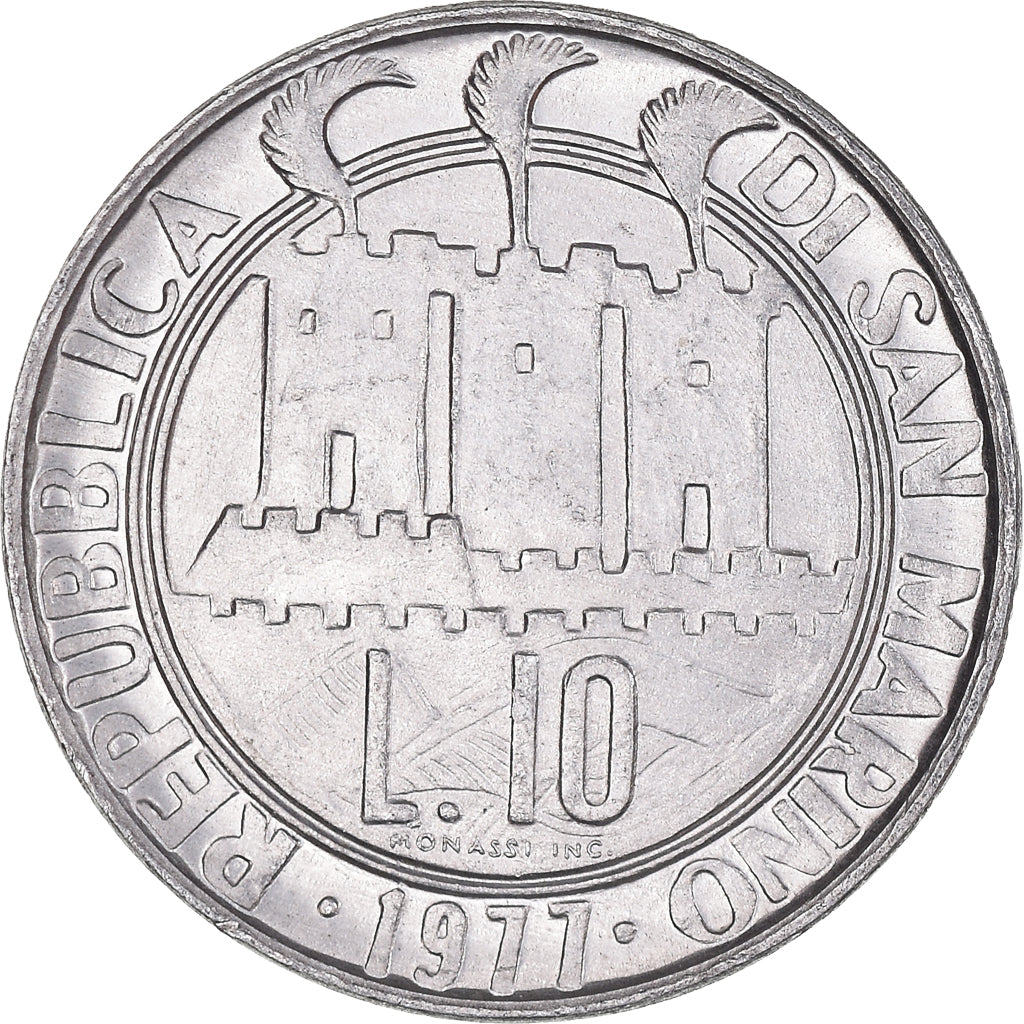 Moeda, San Marino, 10 Lire, 1977, Rome, EF(40-45), Alumínio, KM:66