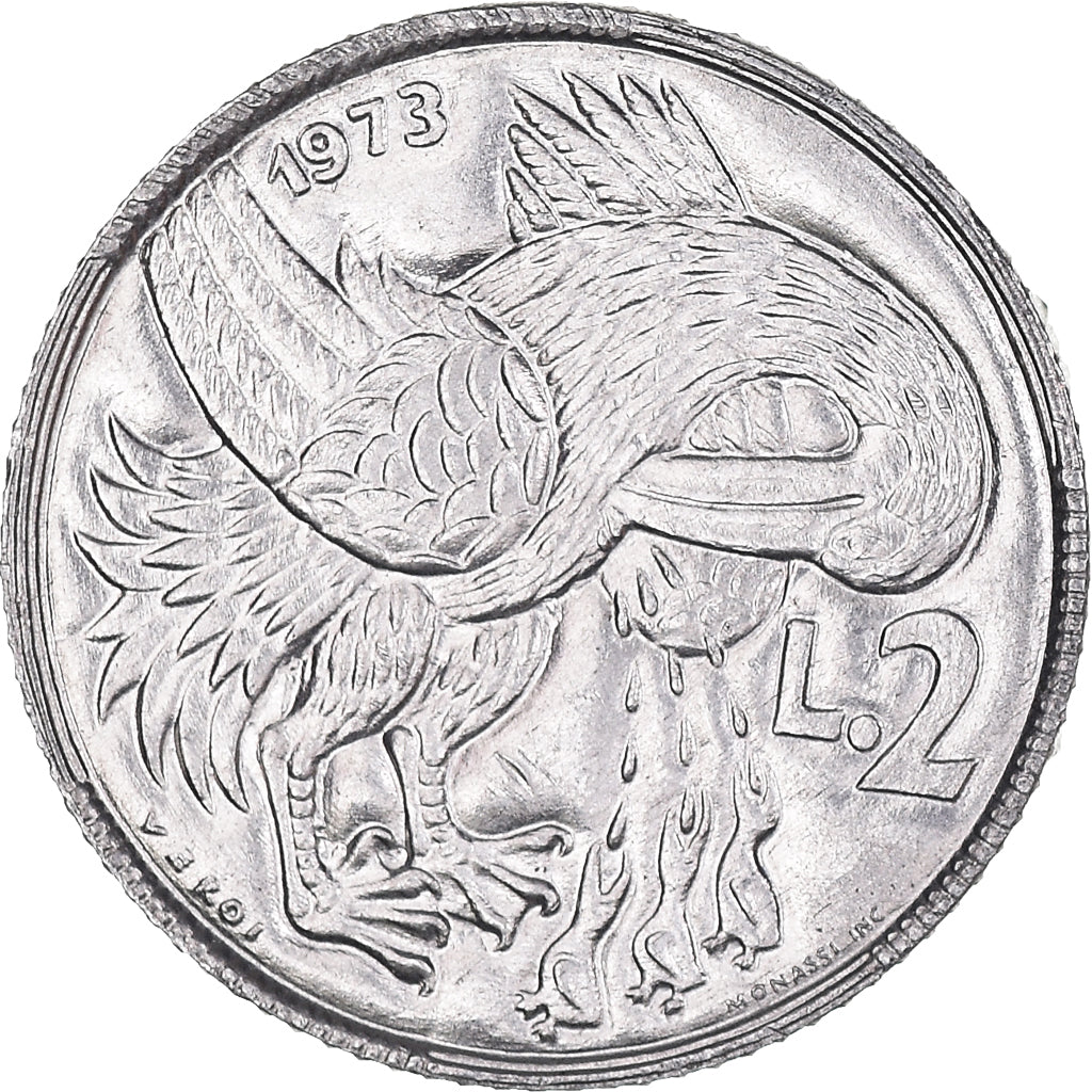 Moeda, San Marino, 2 Lire, 1973, FDC, MS(60-62), Alumínio, KM:23