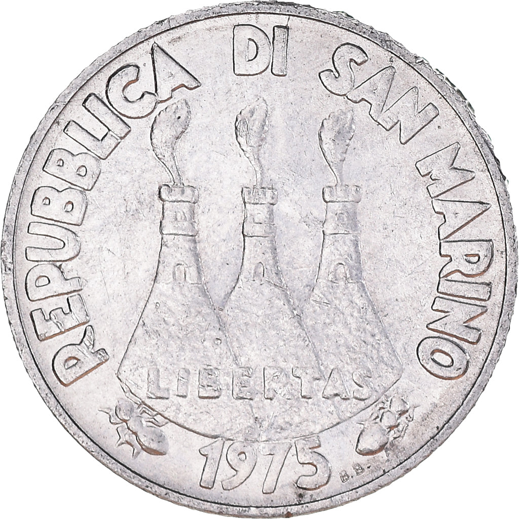 Moeda, San Marino, 2 Lire, 1975, AU(55-58), Alumínio, KM:41