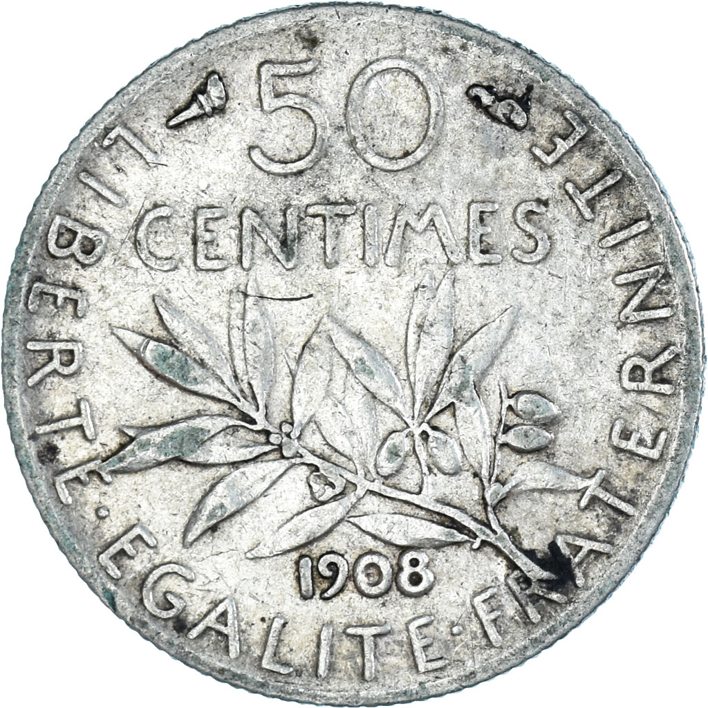 Moeda, França, Semeuse, 50 Centimes, 1908, Paris, VF(30-35), Prata, KM:854
