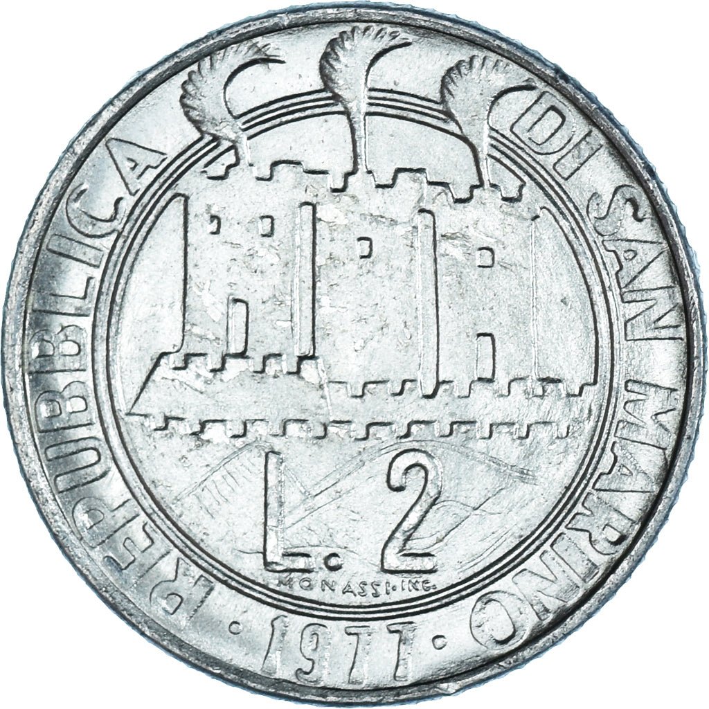 Münze, San Marino, 2 Lire, 1977, Rome, SS+, Aluminium, KM:64