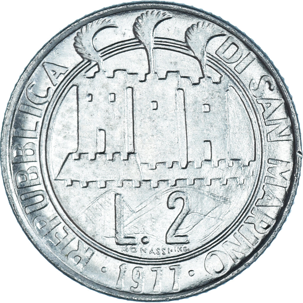 Munten, San Marino, 2 Lire, 1977, Rome, PR, Aluminium, KM:64