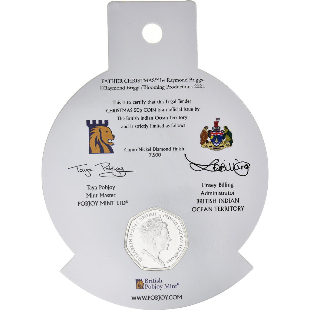 Moeda, British Indian Ocean, 50 Pence, 2021, Pobjoy Mint, Père Noël.FDC
