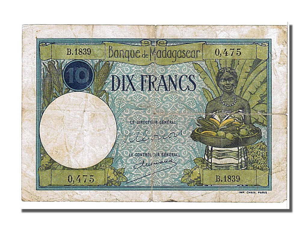 Geldschein, Madagascar, 10 Francs, 1937, S+