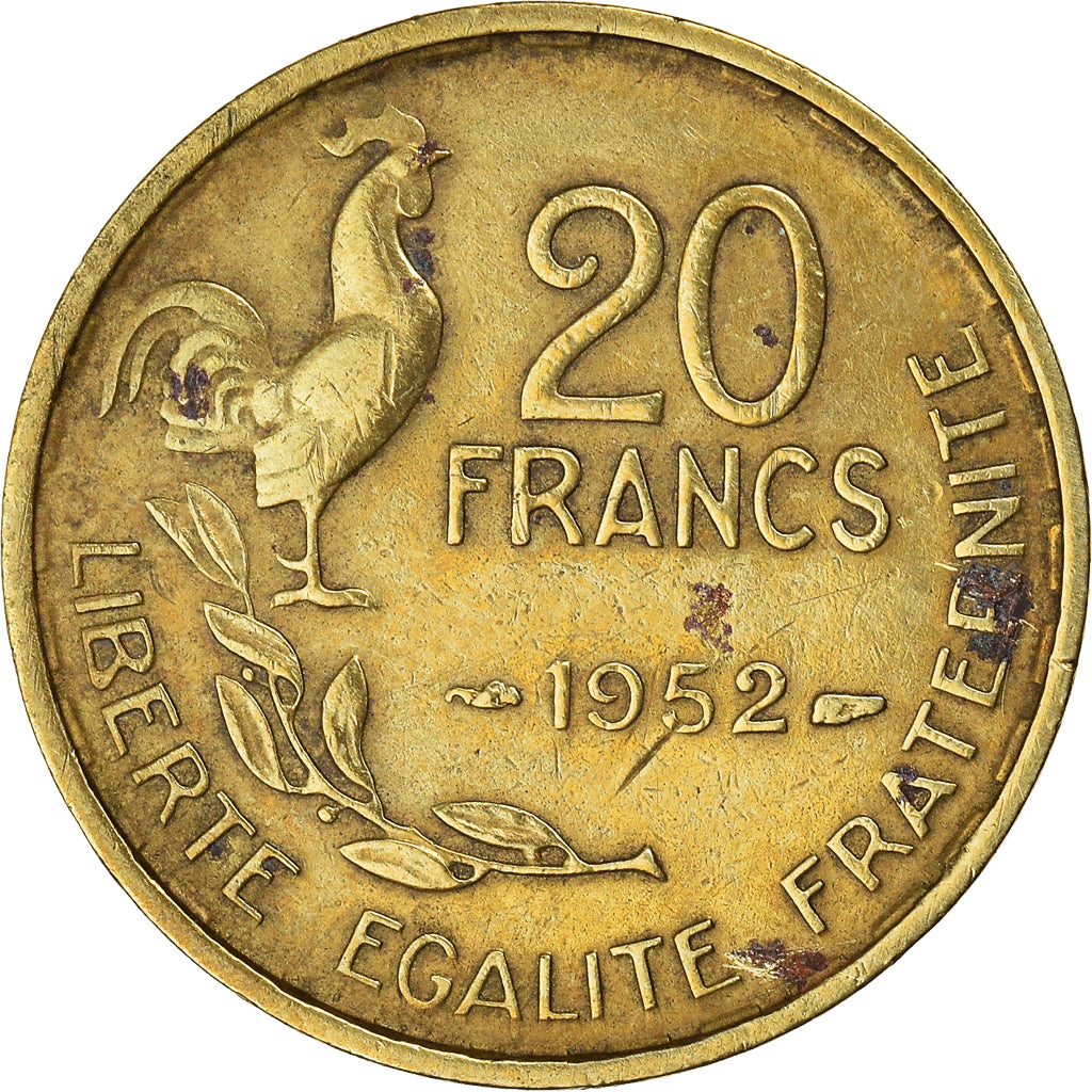 Moneda, Francia, Guiraud, 20 Francs, 1952, Paris, BC, Aluminio - bronce