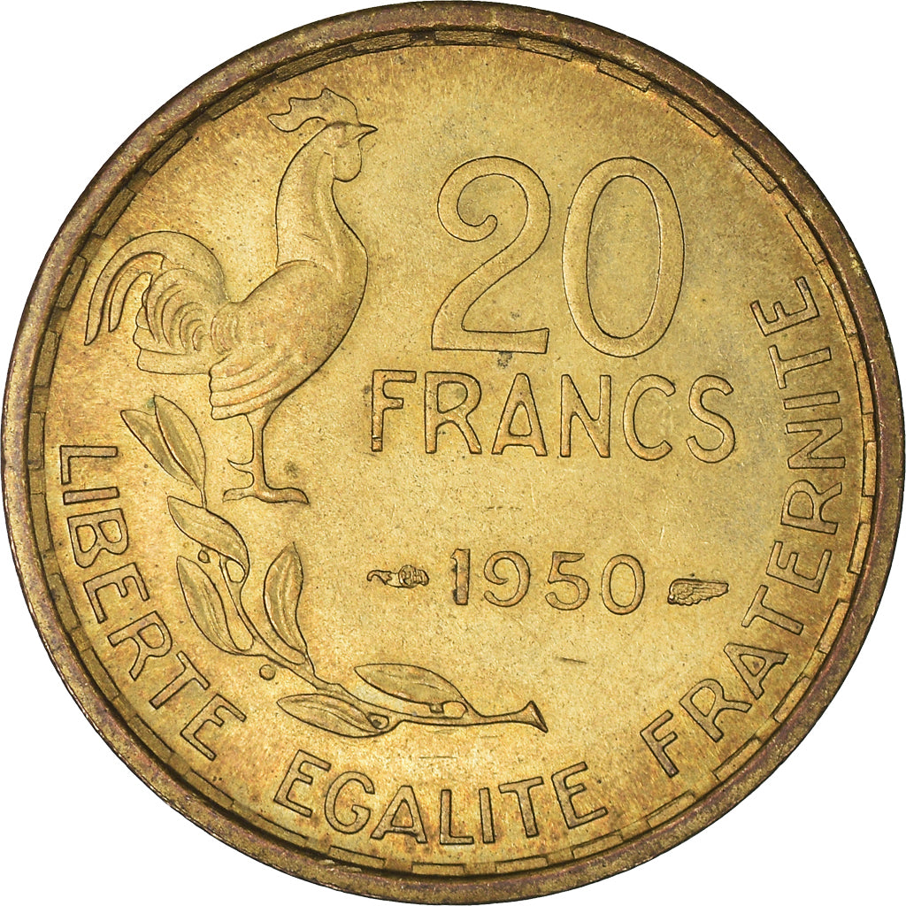 Moeda, França, Guiraud, 20 Francs, 1950, Paris, AU(50-53), Alumínio-Bronze