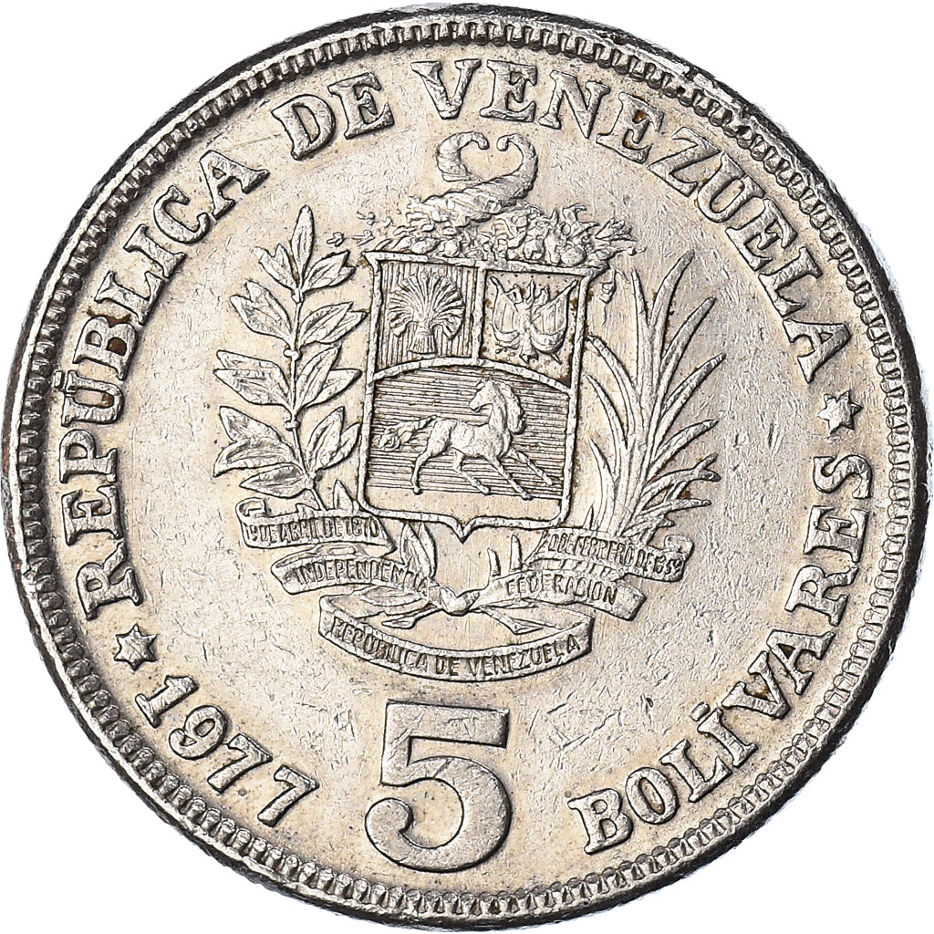 Moeda, Venezuela, 5 Bolivares, 1977, EF(40-45), Níquel, KM:53.1