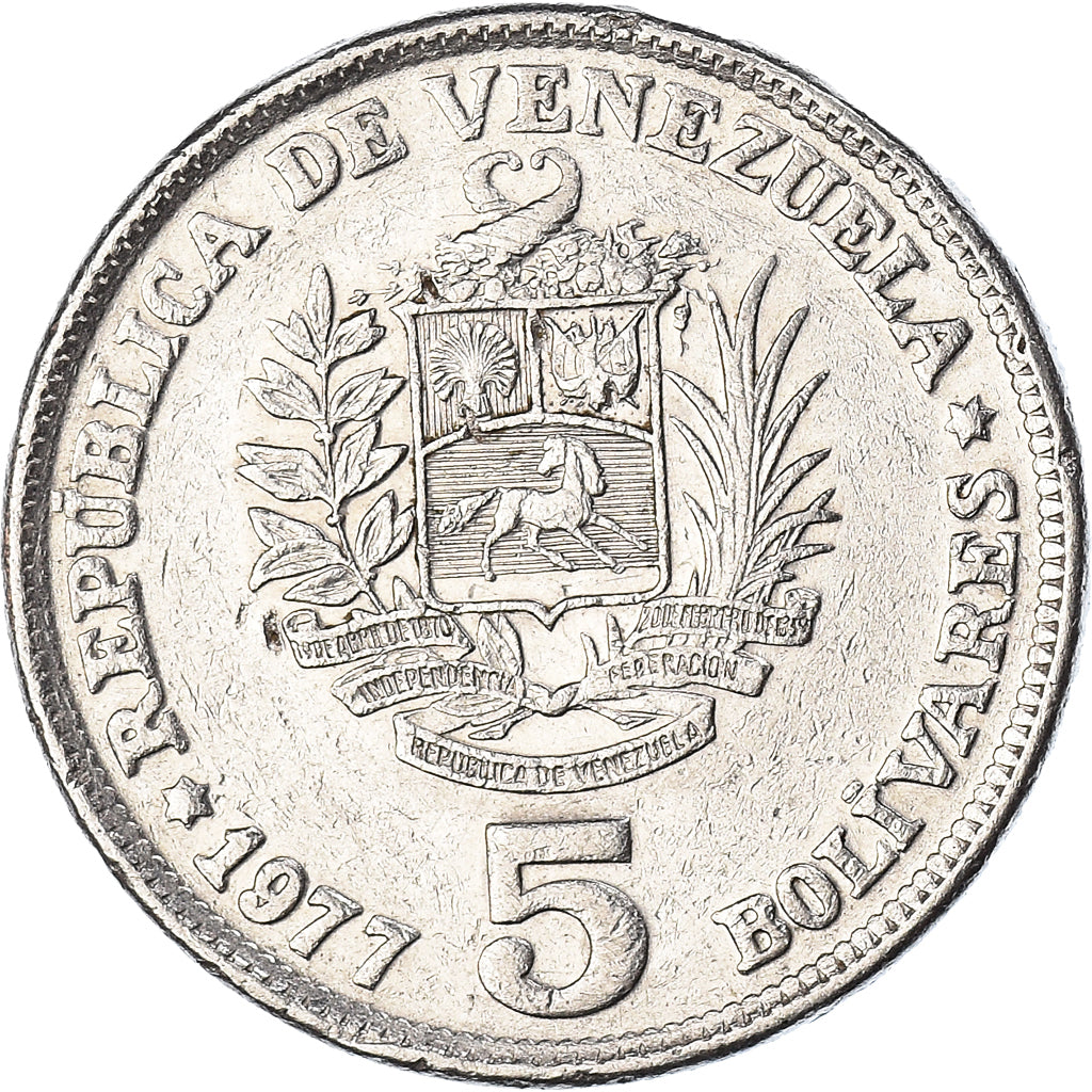 Moneda, Venezuela, 5 Bolivares, 1977, MBC, Níquel, KM:53.1