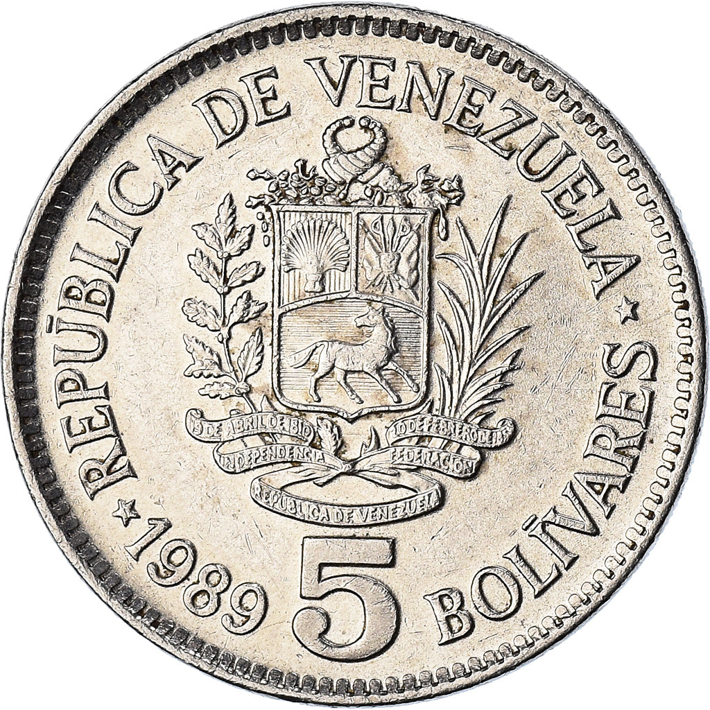 Munten, Venezuela, 5 Bolivares, 1989, Werdohl, ZF+, Nickel Clad Steel, KM:53a.1