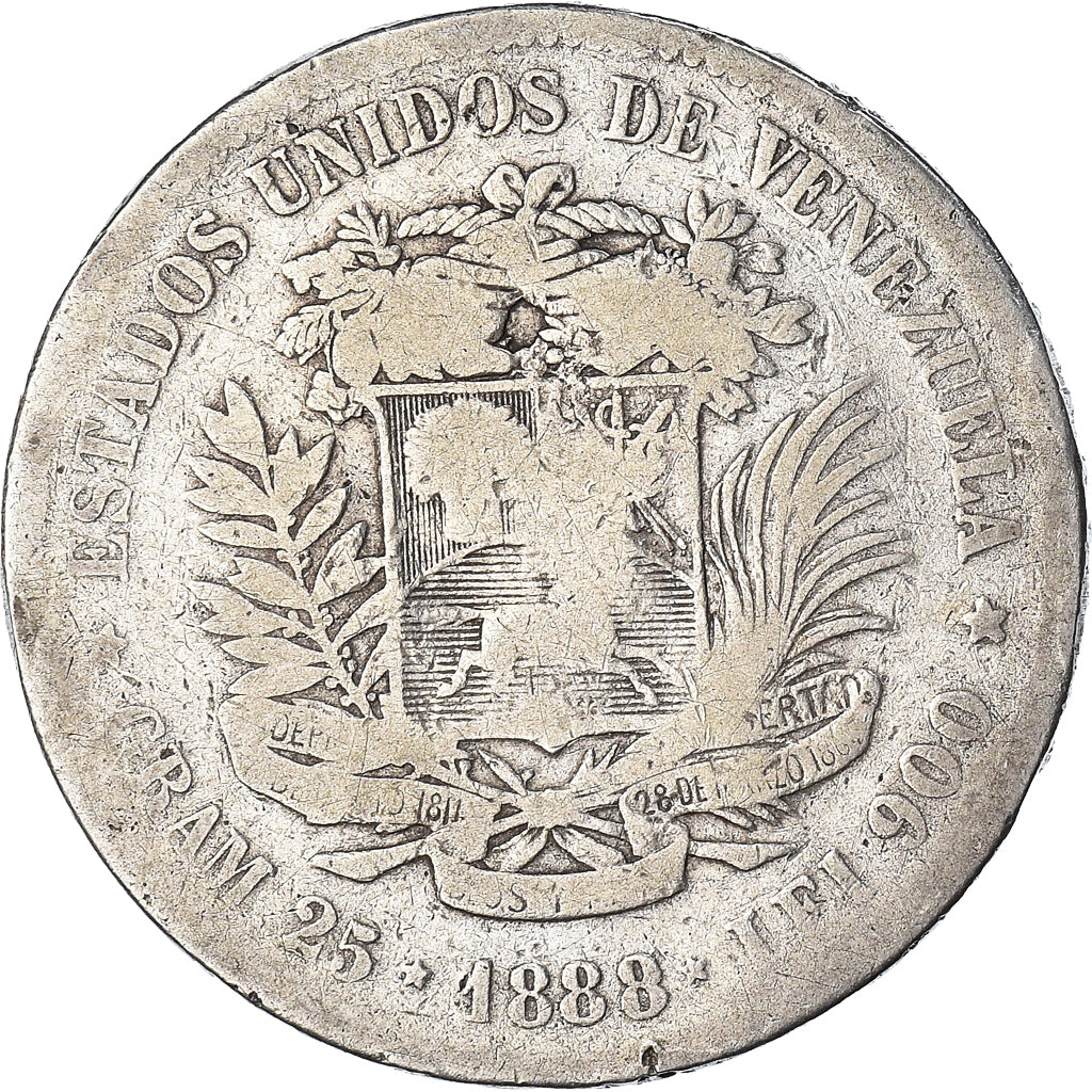 Monnaie, Venezuela, Gram 25, 5 Bolivares, 1888, B+, Argent, KM:24.1