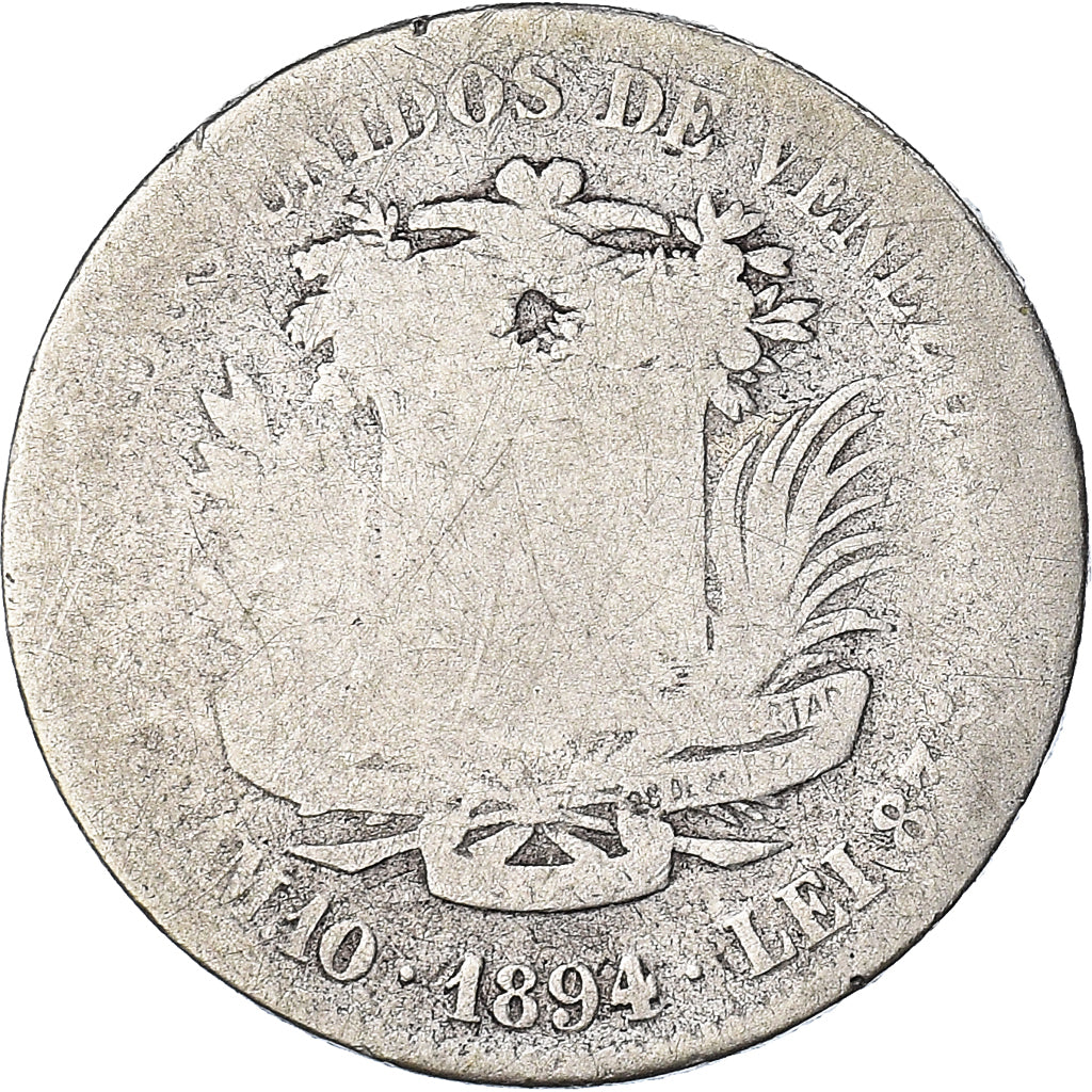 Coin, Venezuela, Gram 10, 2 Bolivares, 1894, VG(8-10), Silver, KM:23