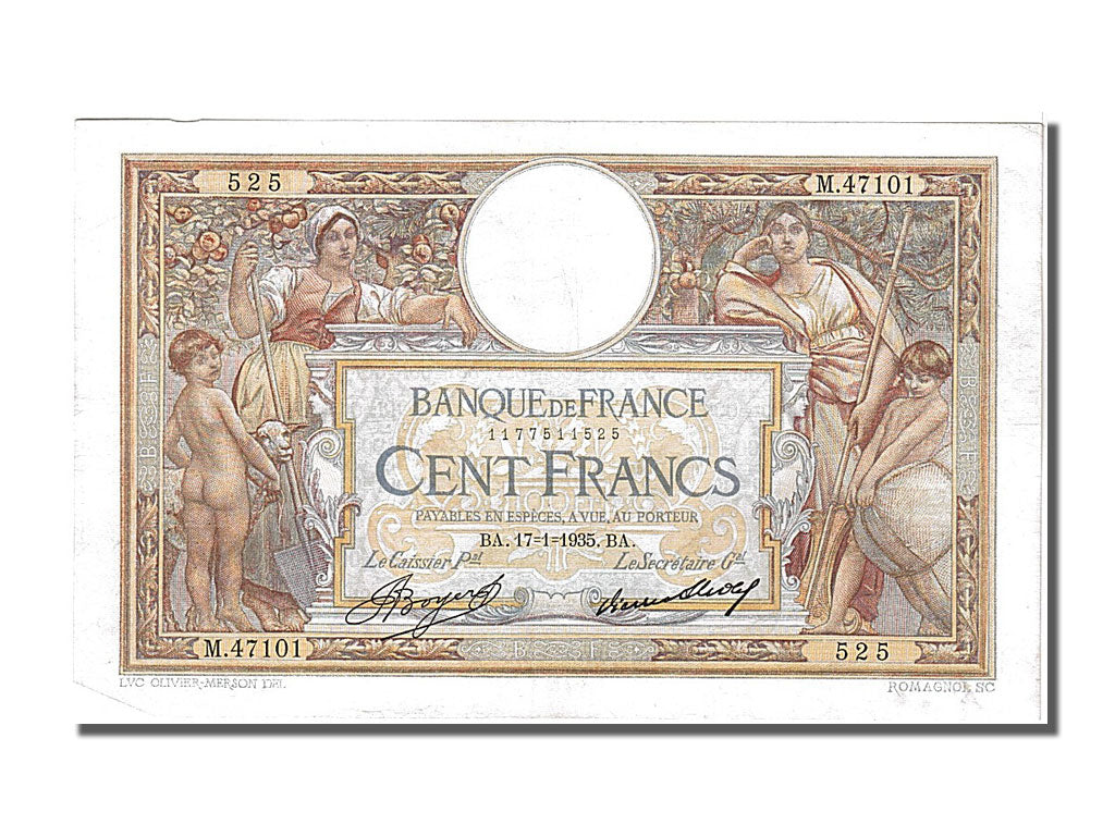 Banknote, France, 100 Francs, 100 F 1908-1939 ''Luc Olivier Merson'', 1935