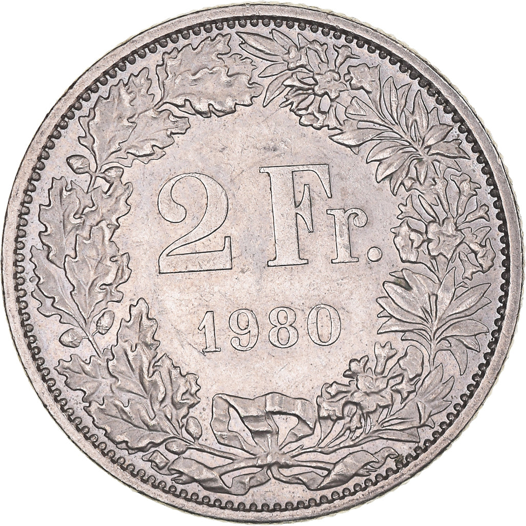Moneta, Szwajcaria, 2 Francs, 1980, Bern, AU(50-53), Miedź-Nikiel, KM:21a.1