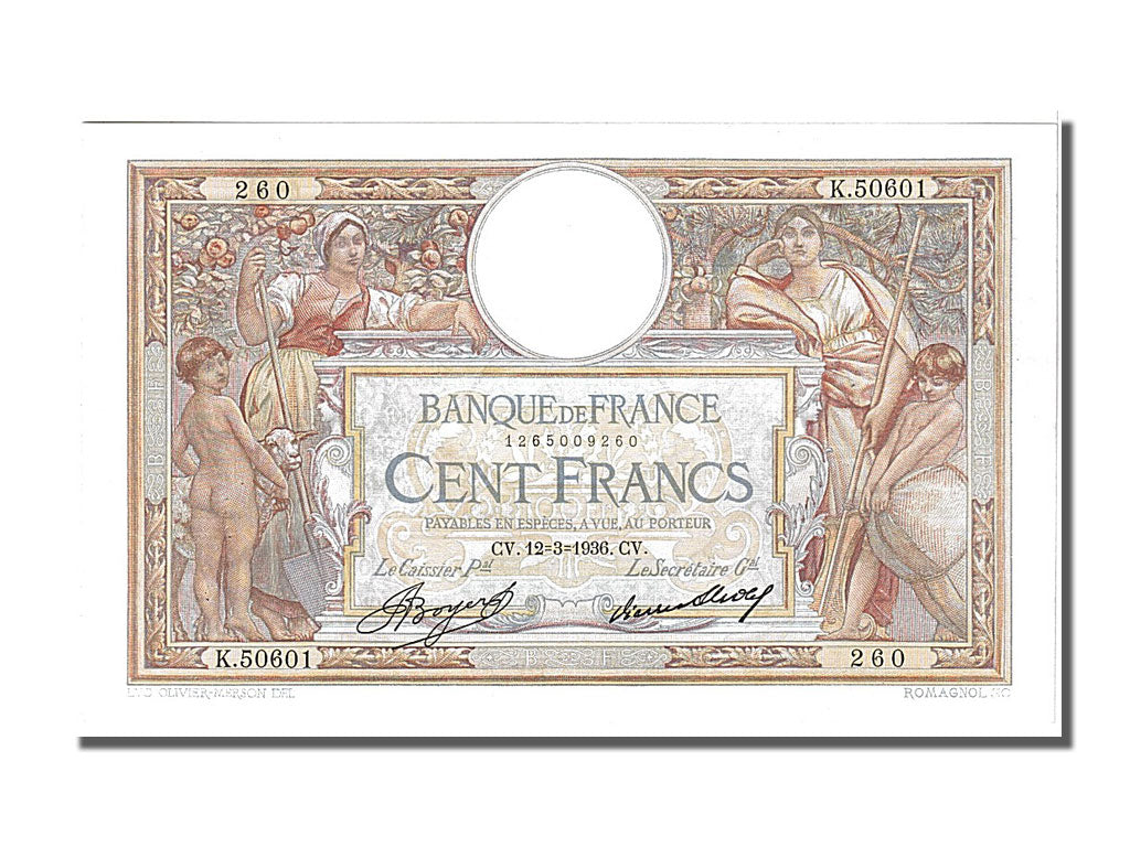 Billet, France, 100 Francs, 100 F 1908-1939 ''Luc Olivier Merson'', 1936