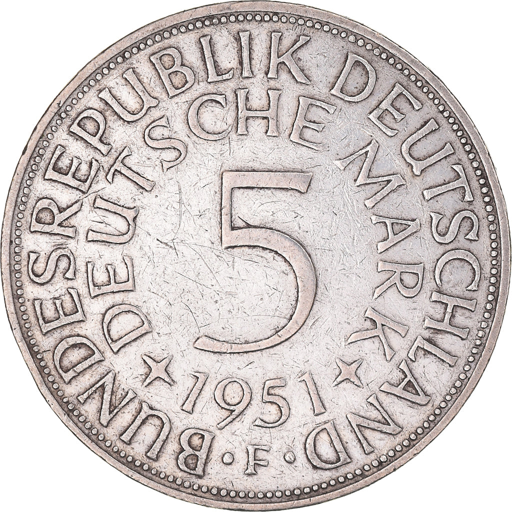 Coin, GERMANY - FEDERAL REPUBLIC, 5 Mark, 1951, Stuttgart, EF(40-45), Silver