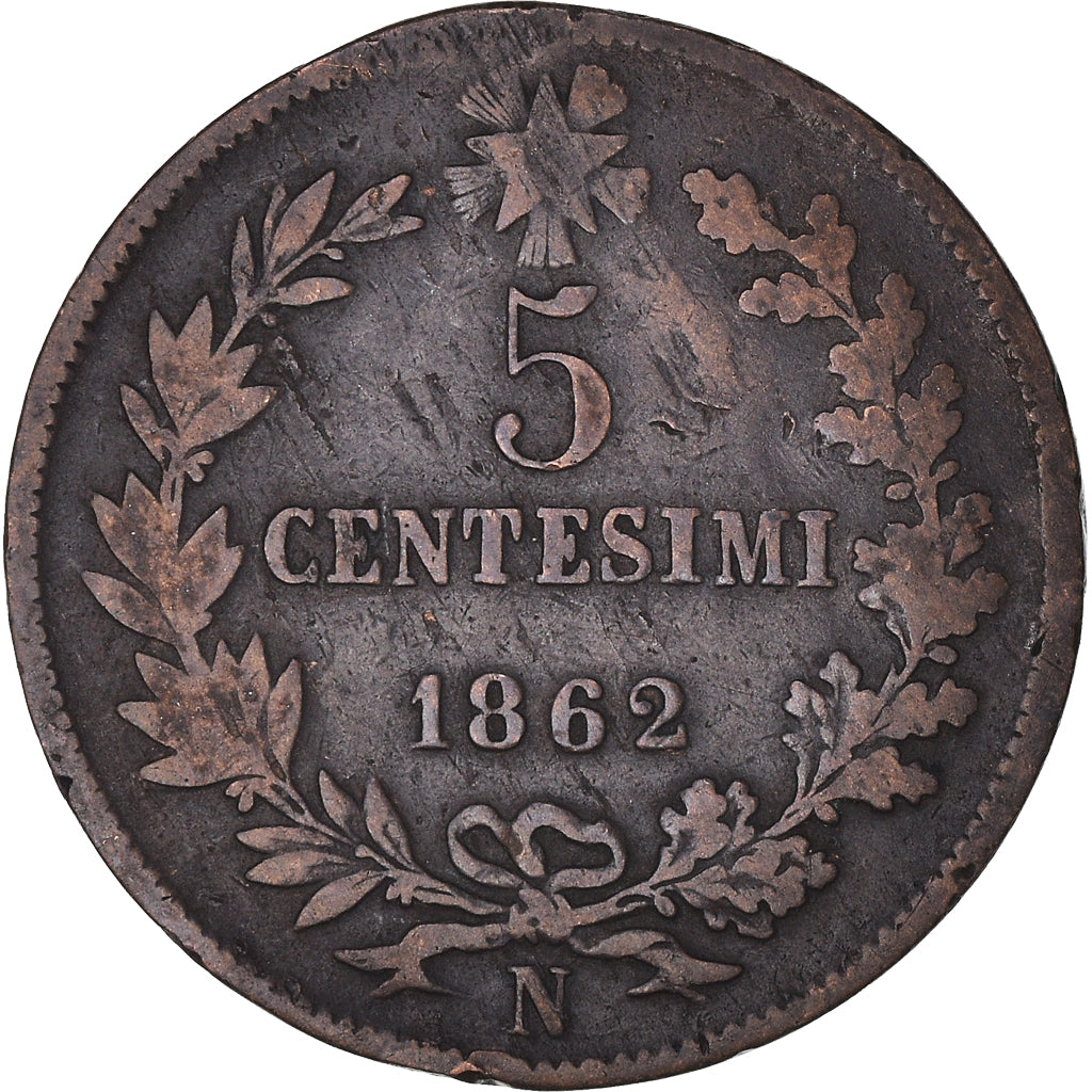 Moneda, Italia, Vittorio Emanuele II, 5 Centesimi, 1862, Naples, BC+, Cobre