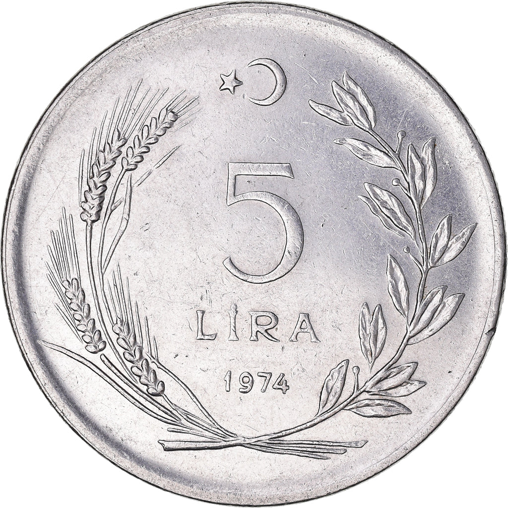 Moneta, Turcja, 5 Lira, 1974, AU(50-53), Stal nierdzewna, KM:905