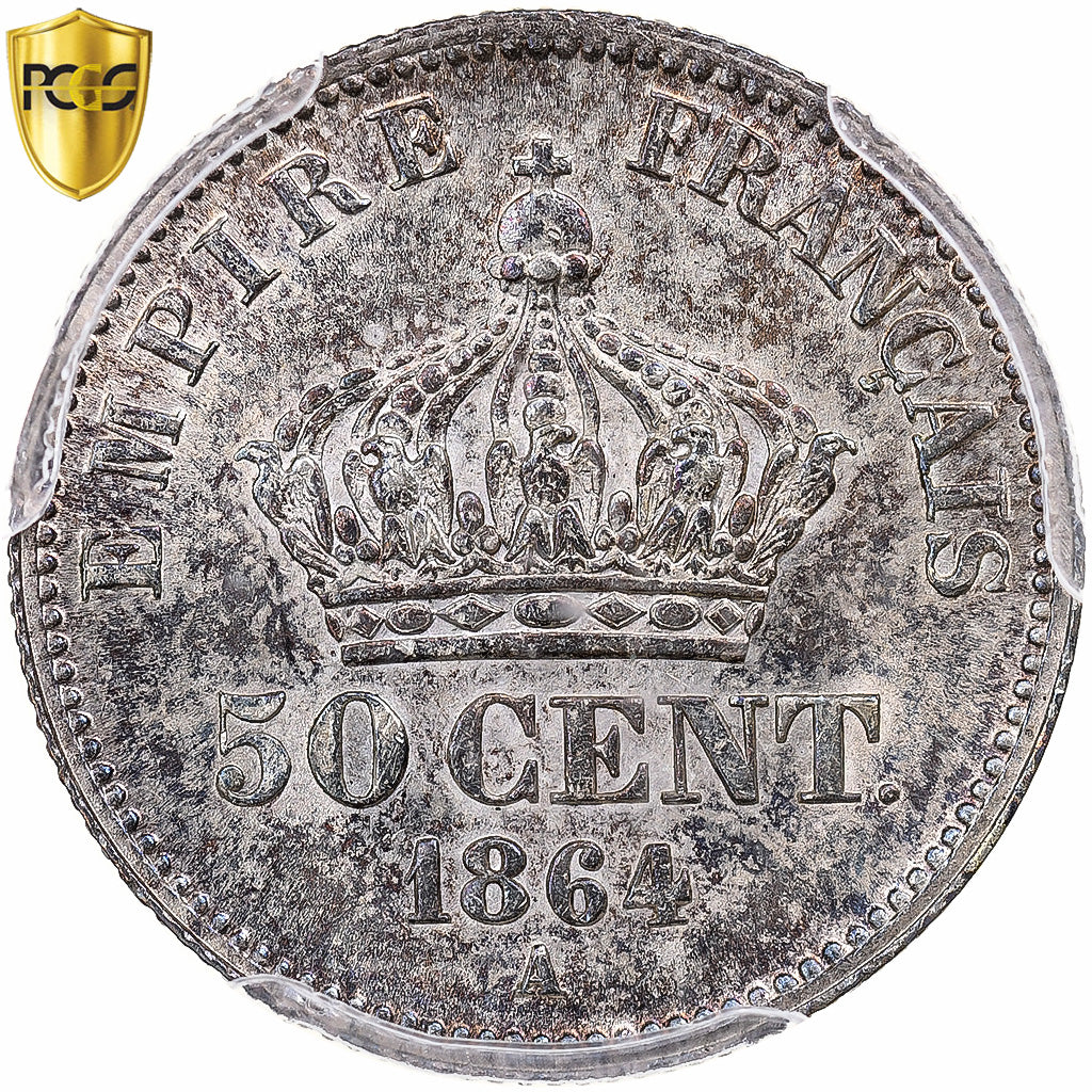 France, Napoleon III, 50 Centimes, 1864, Paris, Silver, PCGS, MS64, Gadoury:417