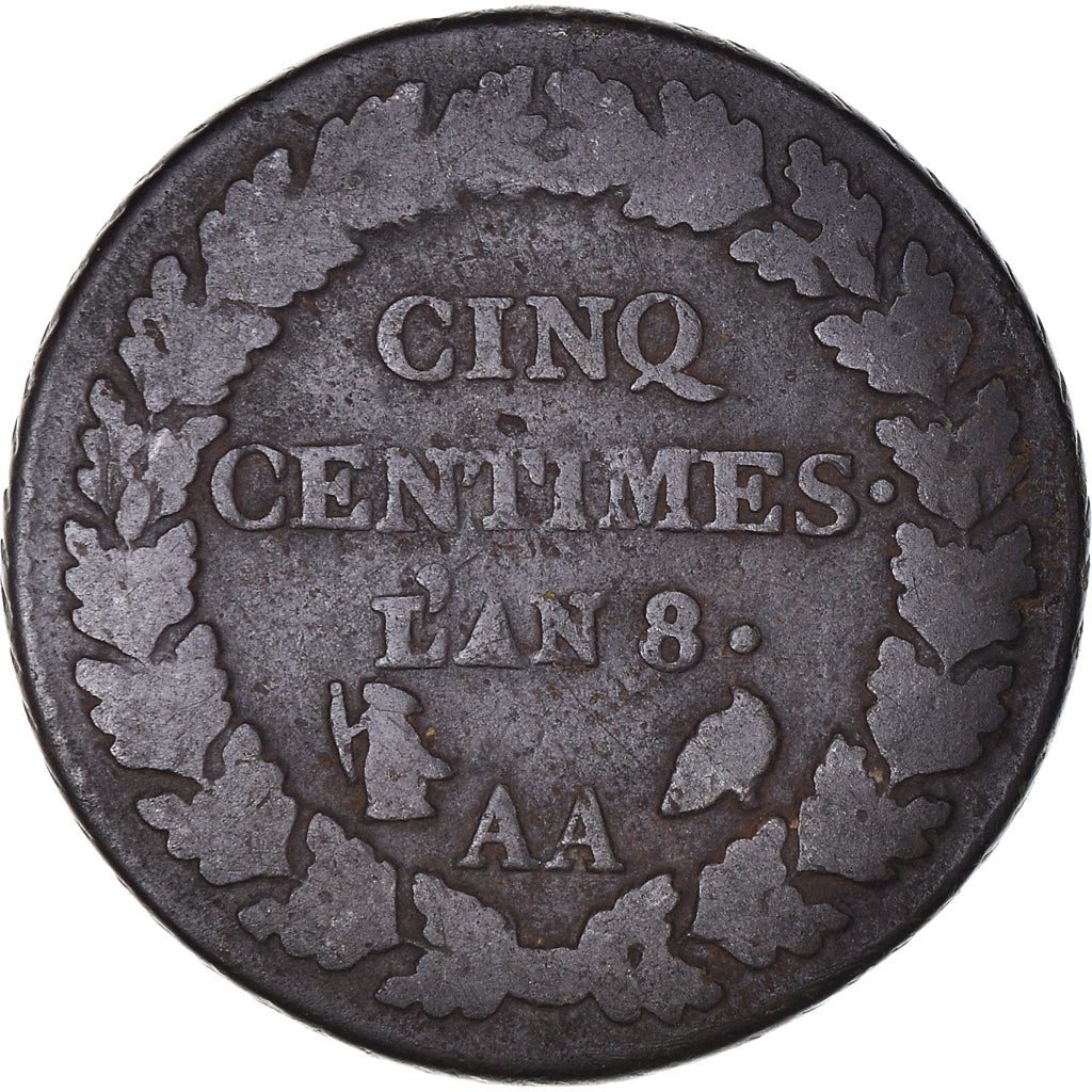 Moneta, Francia, Dupré, 5 Centimes, AN 8, Metz, MB, Bronzo, KM:640.2