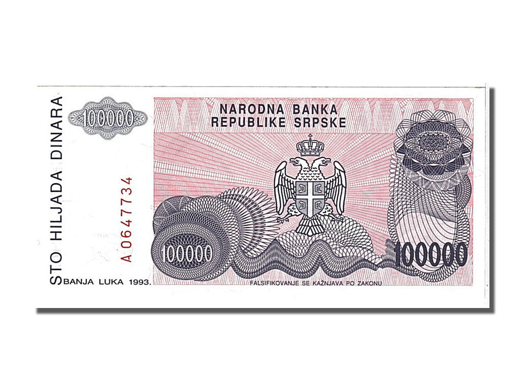 Banconote, Bosnia - Erzegovina, 100,000 Dinara, 1993, FDS