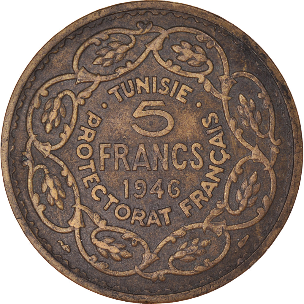 Coin, Tunisia, Muhammad al-Amin Bey, 5 Francs, AH 1365/1946, Paris, EF(40-45)