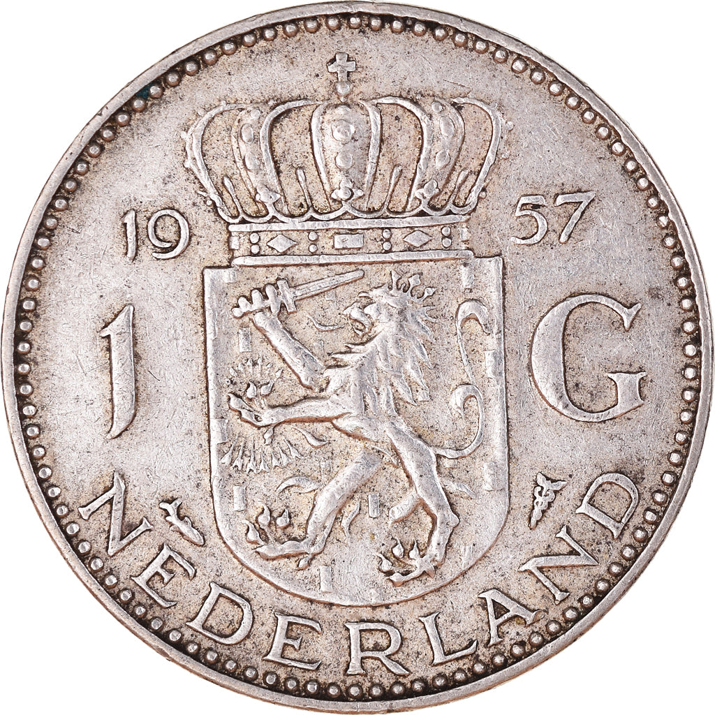 Coin, Netherlands, Juliana, Gulden, 1957, AU(50-53), Silver, KM:184