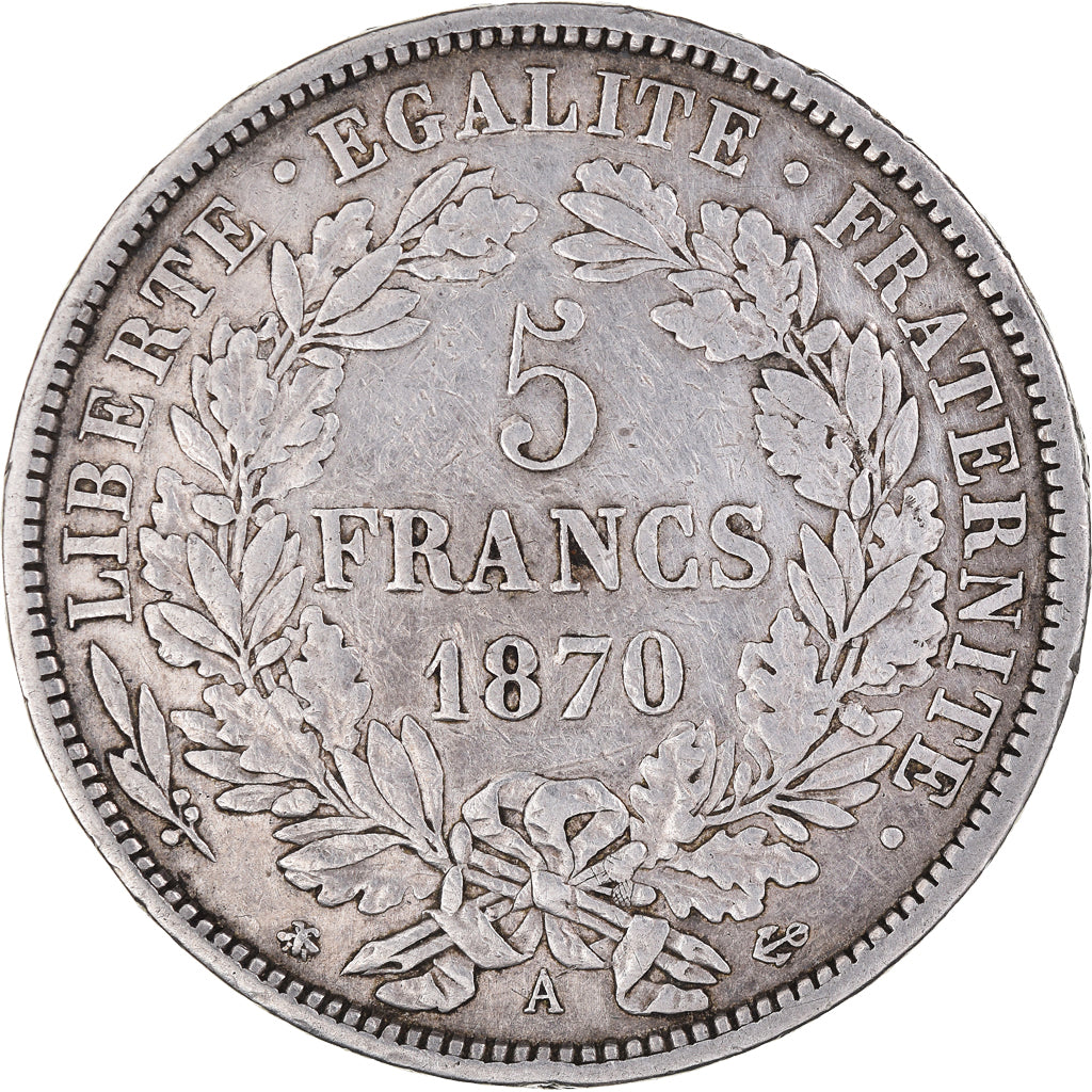 Munten, Frankrijk, Cérès, 5 Francs, 1870, Paris, ZF, Zilver, KM:819