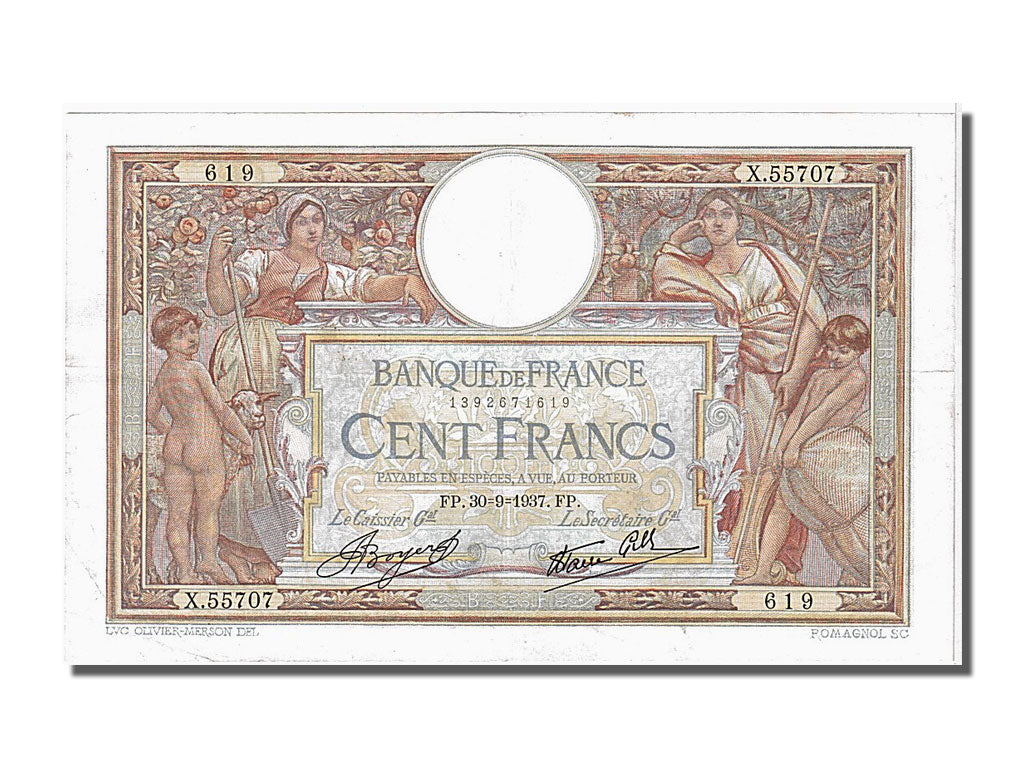 Banknote, France, 100 Francs, 100 F 1908-1939 ''Luc Olivier Merson'', 1937
