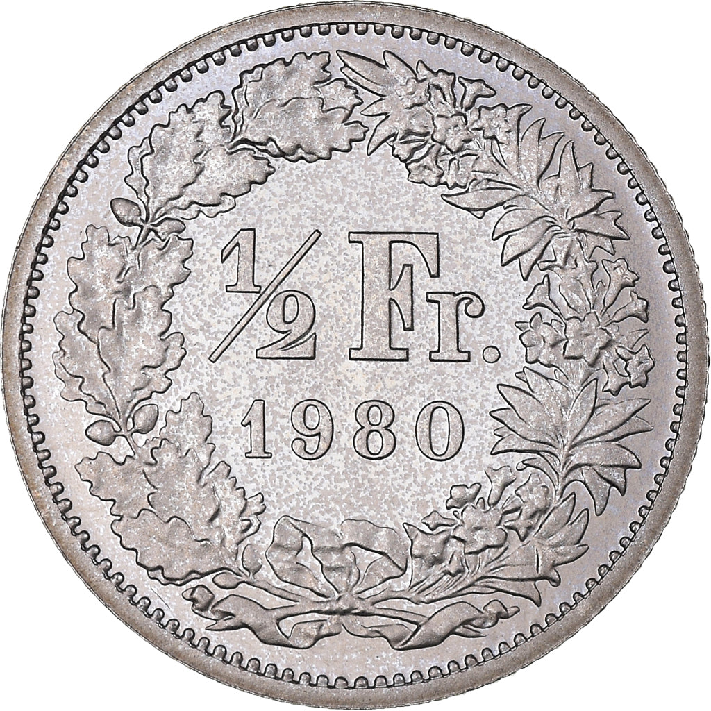 Moneta, Szwajcaria, 1/2 Franc, 1980, Bern, Proof, MS(63), Miedź-Nikiel