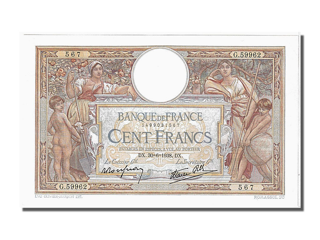 Banknote, France, 100 Francs, 100 F 1908-1939 ''Luc Olivier Merson'', 1938