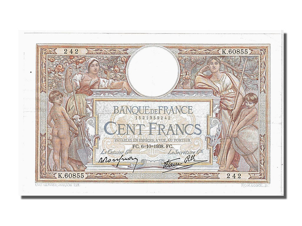 Banconote, Francia, 100 Francs, 100 F 1908-1939 ''Luc Olivier Merson'', 1938