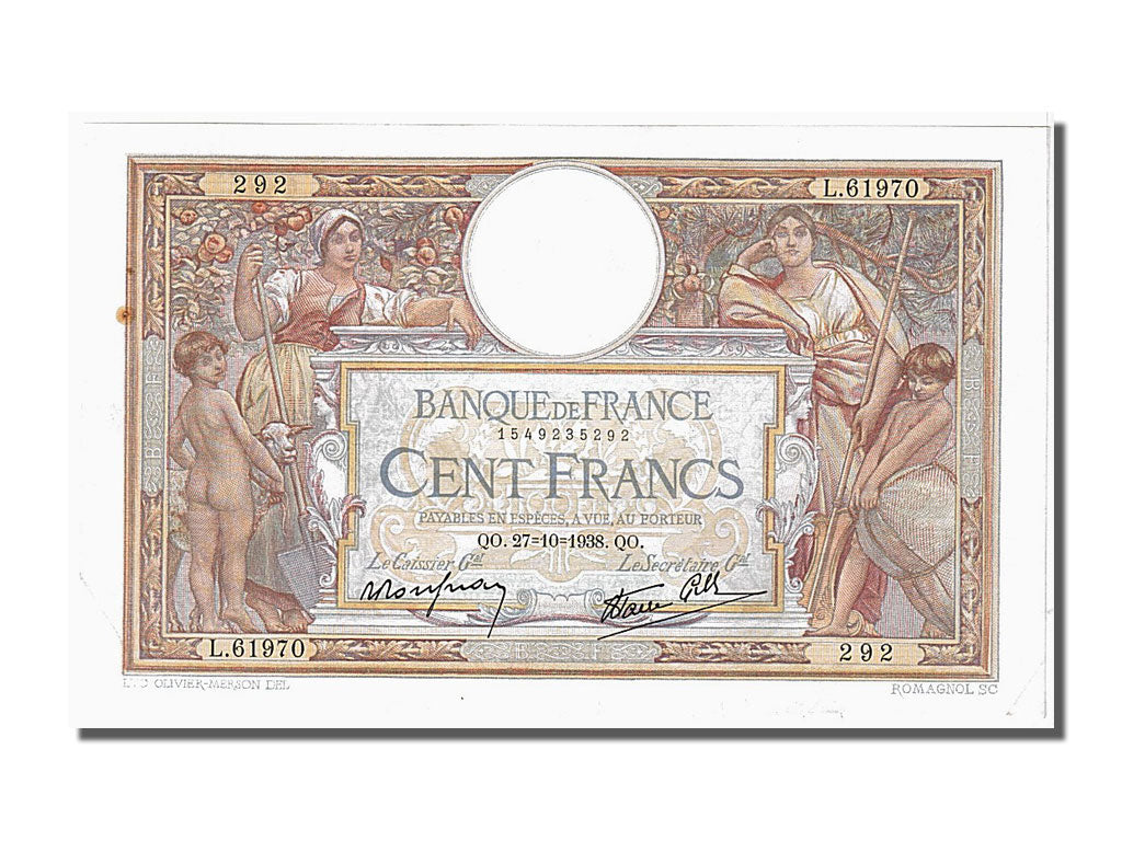 Biljet, Frankrijk, 100 Francs, 100 F 1908-1939 ''Luc Olivier Merson'', 1938