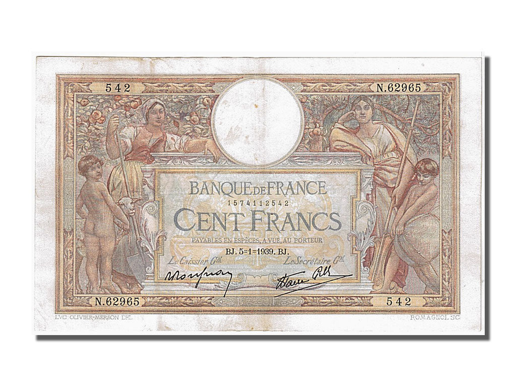 Banconote, Francia, 100 Francs, 100 F 1908-1939 ''Luc Olivier Merson'', 1939