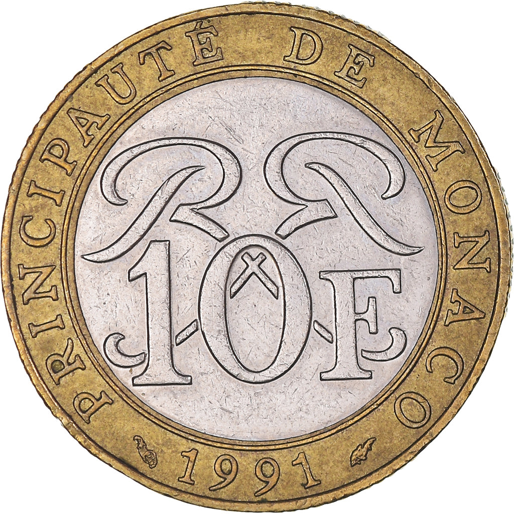 Moneda, Mónaco, Rainier III, 10 Francs, 1991, MBC, Bimetálico, KM:163