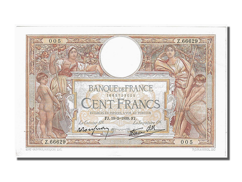 Banknote, France, 100 Francs, 100 F 1908-1939 ''Luc Olivier Merson'', 1939