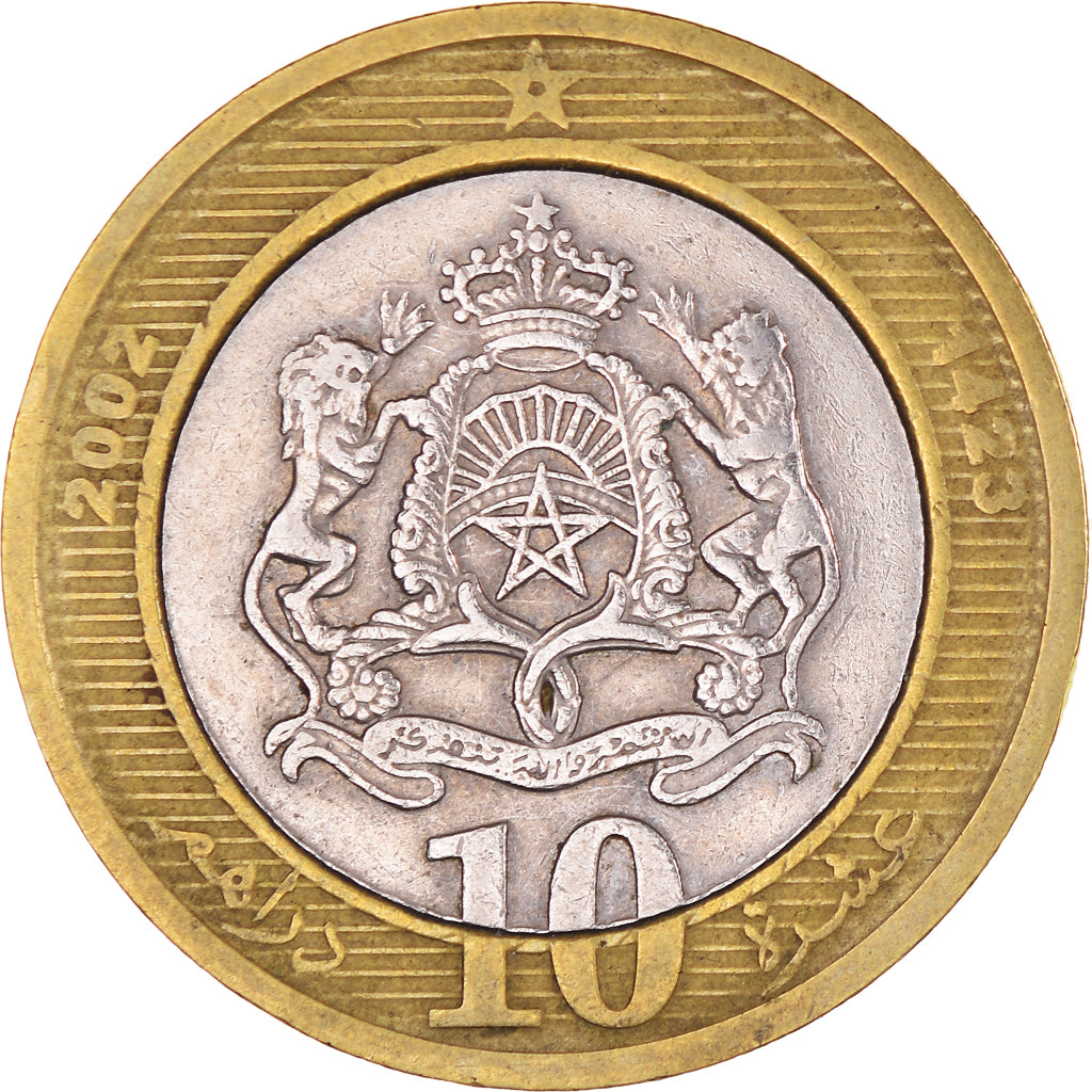 Moneda, Marruecos, Mohammed VI, 10 Dirhams, 2002/AH1423, MBC, Bimetálico