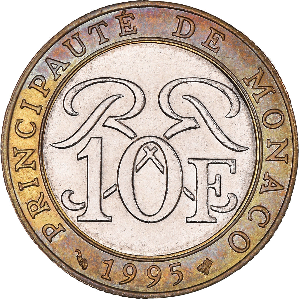 Moeda, Mónaco, Rainier III, 10 Francs, 1995, AU(50-53), Bimetálico, KM:163