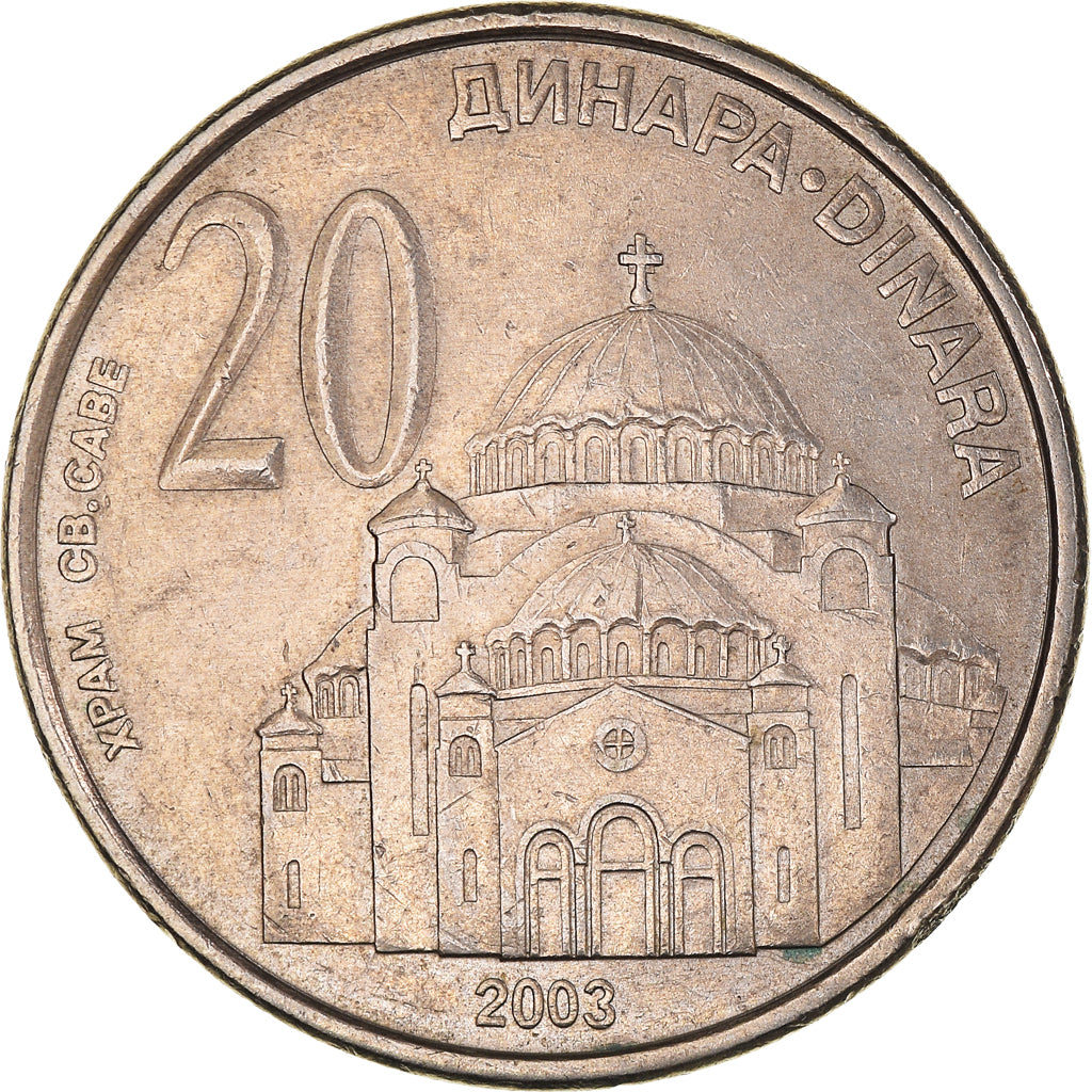 Moeda, Sérvia, 20 Dinara, 2003, AU(50-53), Cobre-Níquel-Zinco, KM:38