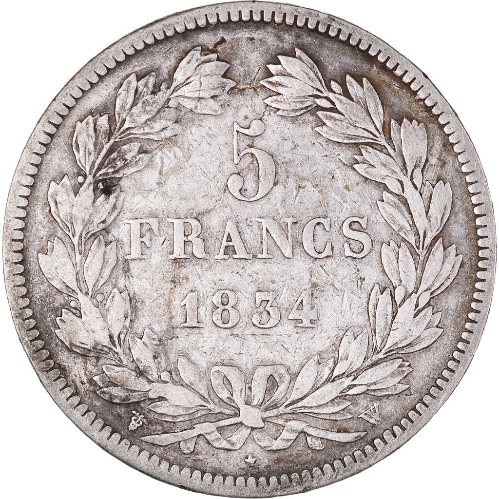 Moeda, França, Louis-Philippe, 5 Francs, 1834, Lille, VF(30-35), Prata