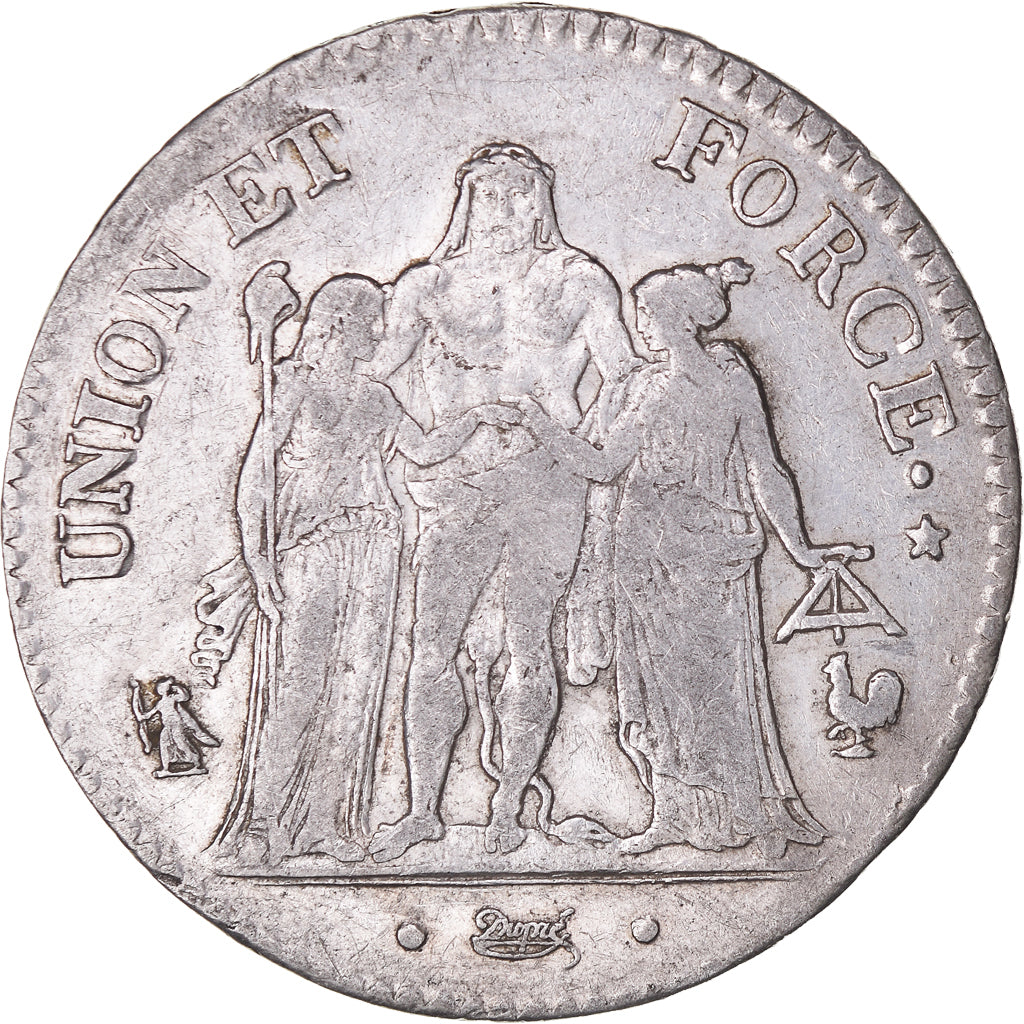 Moeda, França, Union et Force, 5 Francs, AN 7 (1798-1799), Paris, EF(40-45)