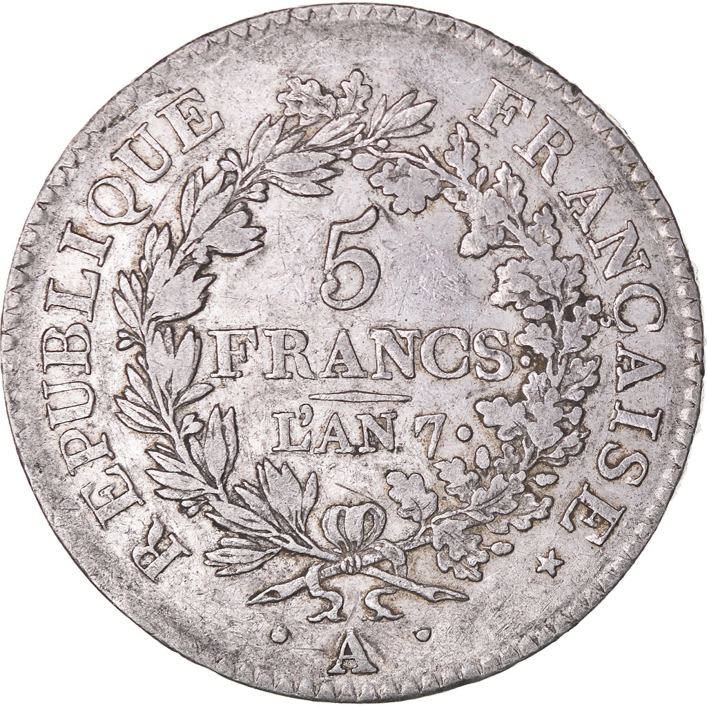 Moeda, França, Union et Force, 5 Francs, AN 7 (1798-1799), Paris, EF(40-45)