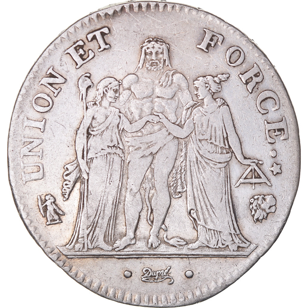 Moeda, França, Union et Force, 5 Francs, AN 7 (1798-1799), Bayonne, EF(40-45)
