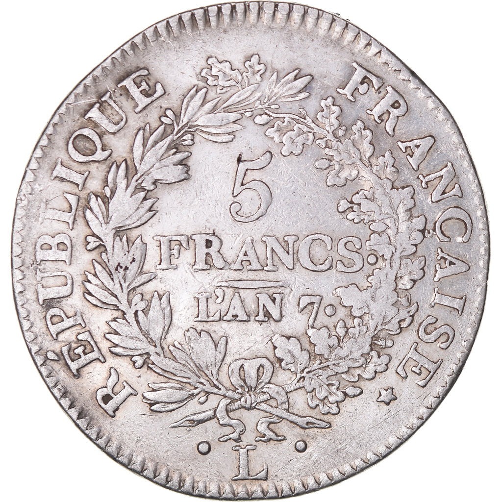 Moeda, França, Union et Force, 5 Francs, AN 7 (1798-1799), Bayonne, EF(40-45)