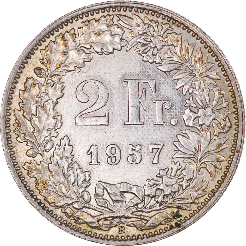 Coin, Switzerland, 2 Francs, 1957, Bern, AU(50-53), Silver, KM:21